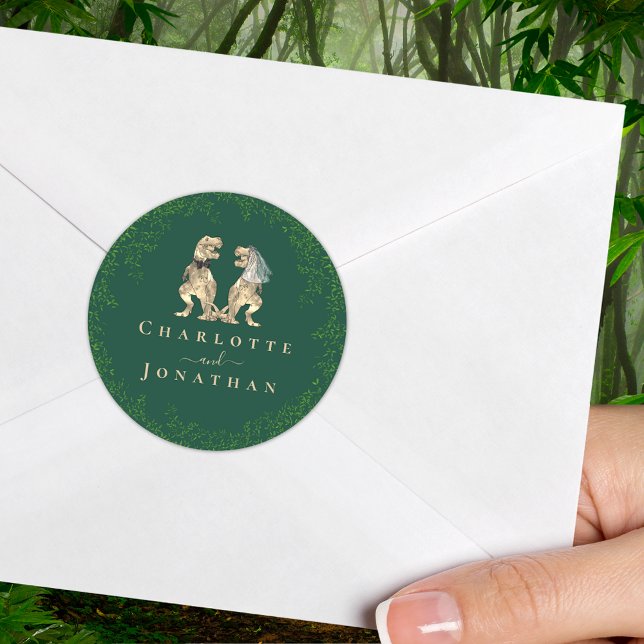 Dinosaur Wedding Green Custom Classic Round Sticker (T-Rex dinosaur wedding dark green custom sticker Watercolor eucalyptus foliage dino bride and groom )