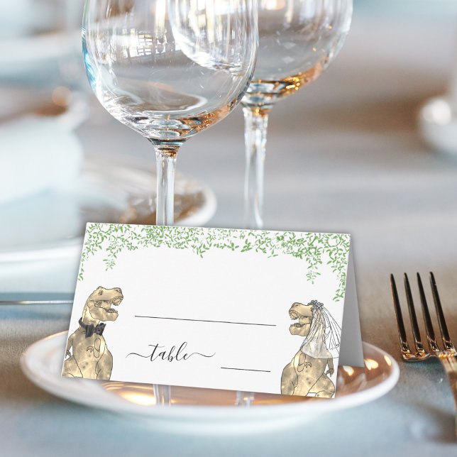 Dinosaur Wedding Guest Name Place Card (Dinosaur wedding table guest name place cards watercolor eucalyptus foliage fun T-Rex bride & groom)