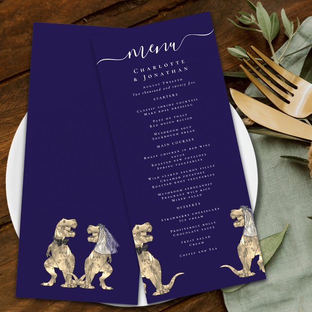 Dinosaur Wedding Navy Blue & White Menu (Dinosaur wedding menu navy blue & white modern elegant script T-Rex dino Bride & groom)