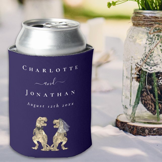 Dinosaur Wedding Navy Blue & White Personalized Can Cooler (Dinosaur wedding navy blue & white monogram personalized can cooler Funny T-Rex dino bride & groom)