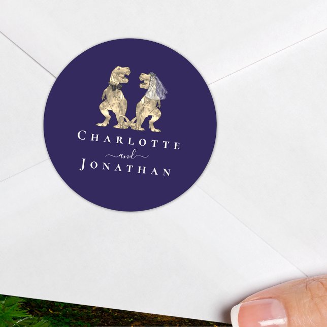 Dinosaur Wedding Navy Blue & White Personalized  Classic Round Sticker (Dinosaur theme wedding navy blue and white personalized sticker T-Rex dino bride and groom names)