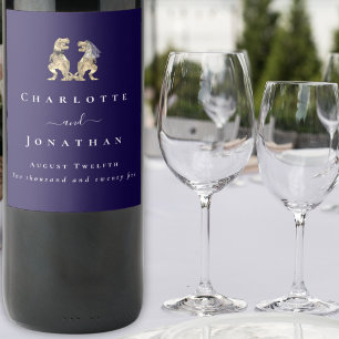 Dinosaur Wedding Navy Blue & White Personalized Wine Label