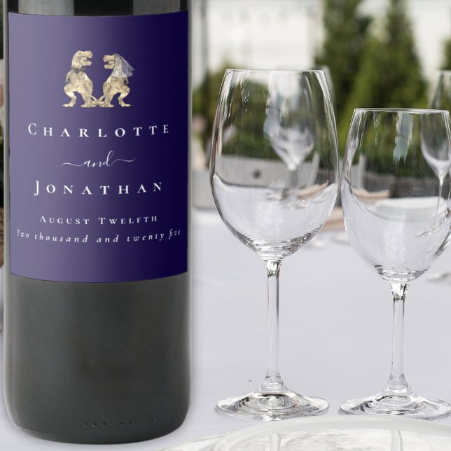 Dinosaur Wedding Navy Blue & White Personalized  Wine Label (Dinosaur wedding navy blue & white personalized wine labels T-Rex dino bride & groom elegant modern)