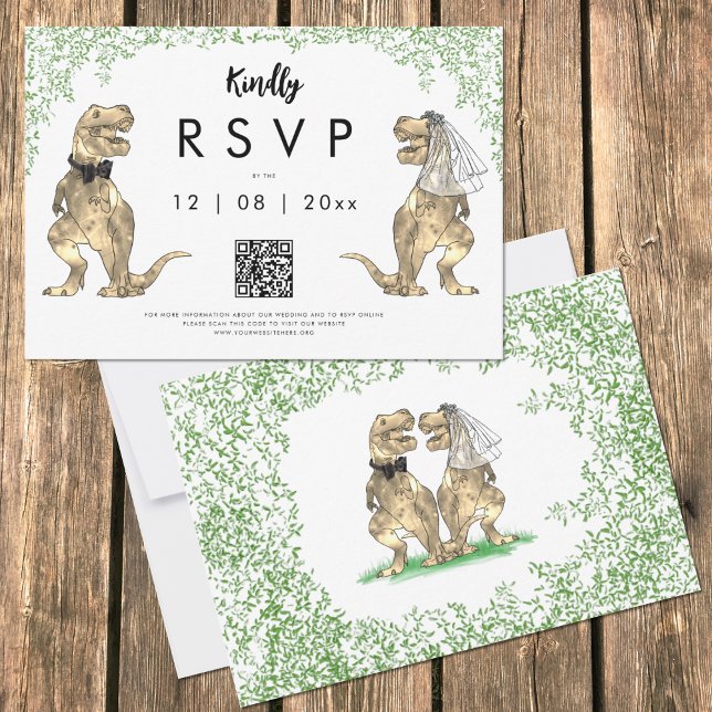 Dinosaur Wedding Reply QR code RSVP Card (Funny T-Rex bride and groom dinosaur jungle wedding  original artwork by artist Catherine Sweetman )
