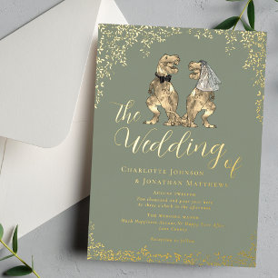 Dinosaur Wedding Sage Green and Gold Foil Invitation