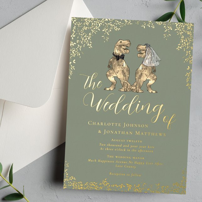 Dinosaur Wedding Sage Green and Gold Foil Invitation (Elegant Dinosaur theme wedding sage green & gold foil eucalyptus foliage invitation T-Rex couple)