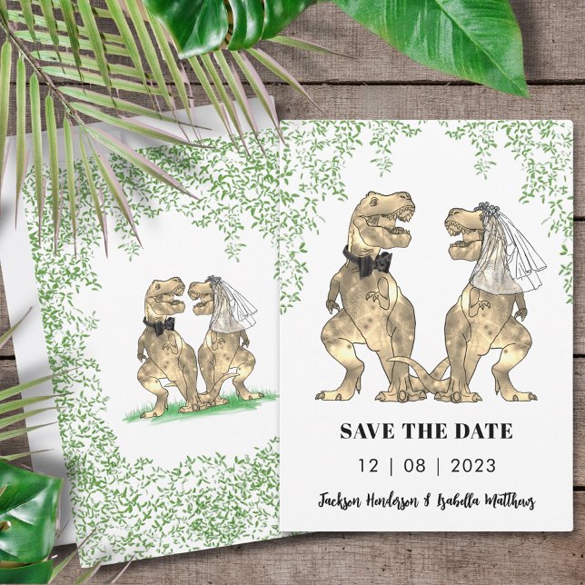 Dinosaur Wedding Save The Date (T-Rex bride and groom dinosaur wedding funny save the date invitation)
