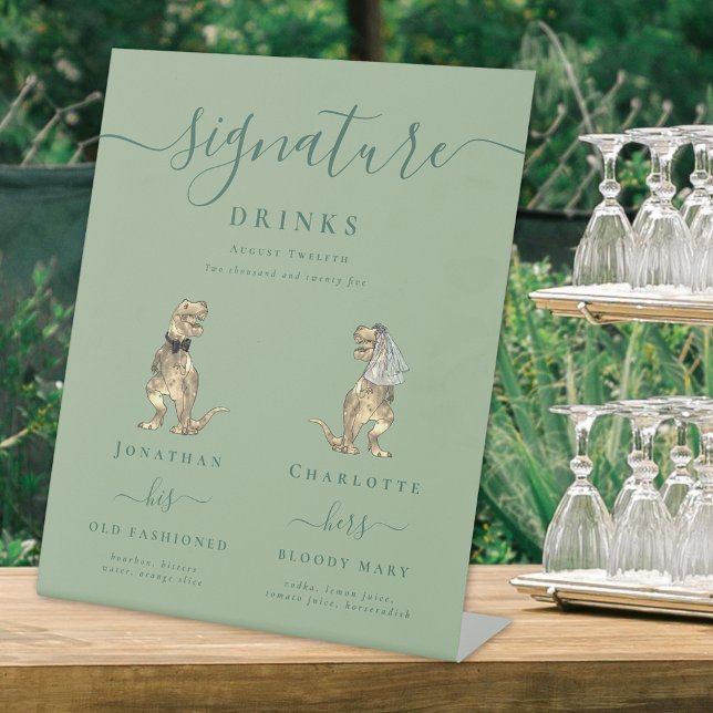 Dinosaur Wedding Signature Cocktail Bar Sage Green Pedestal Sign (Dinosaur wedding bride & groom signature drinks cocktail bar custom sage green sign Funny T-Rex dino)