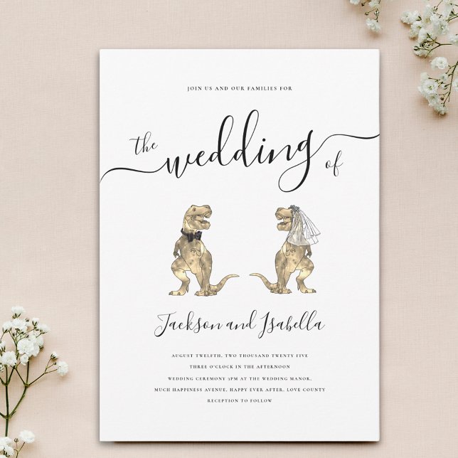 Dinosaur Wedding T-Rex Bride and Groom Invitation (Minimalist stylish Dinosaur theme wedding invitation with elegant script and T-Rex bride and groom)