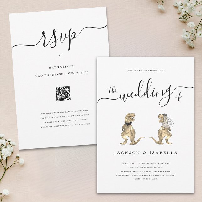 Dinosaur Wedding T-Rex Bride and Groom Invitation (Fun Dinosaur theme wedding invitation T-Rex bride and groom elegant modern script and RSVP Qr code)