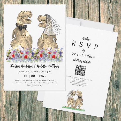 Dinosaur Wedding T_Rex Bride and Groom QR Code Invitation