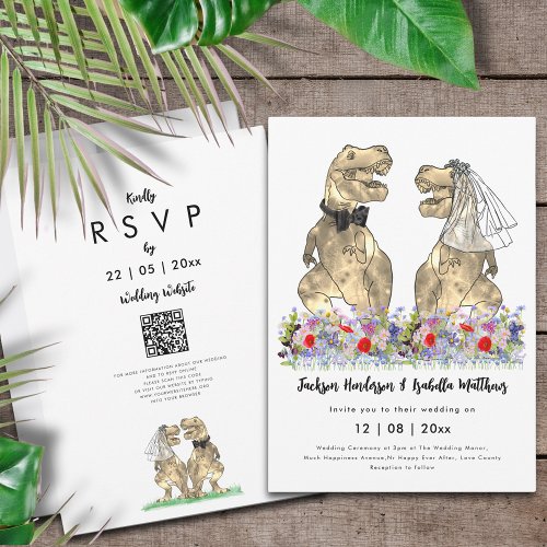 Dinosaur Wedding T_Rex Bride and Groom QR Code Invitation