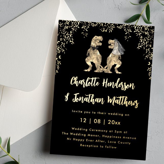 Dinosaur Wedding T-Rex Bride & Groom Black & Gold  Foil Invitation (Funny Dinosaur T-Rex bride and groom black and gold foil wedding invitation )