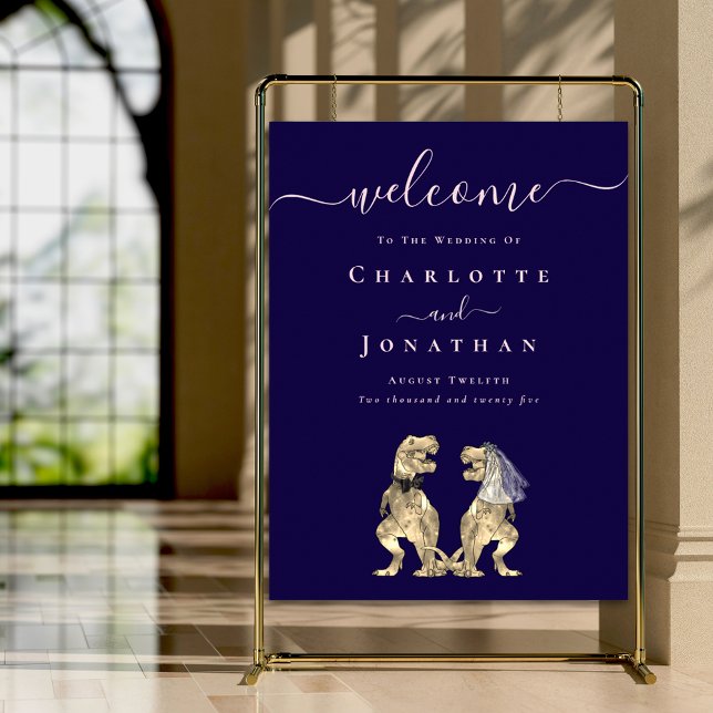 Dinosaur Wedding Welcome Navy Blue Blush Pink Foam Board (Dinosaur themed navy blue blush pink wedding welcome sign funny T-Rex bride and groom)