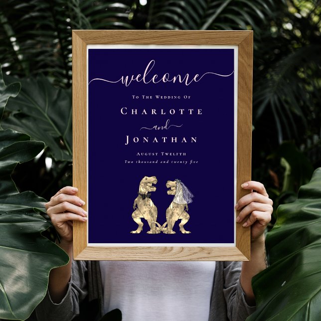 Dinosaur Wedding Welcome Navy Blue Blush Pink Poster (Elegant script Dinosaur themed navy blue blush pink wedding welcome sign funny T-Rex bride and groom)