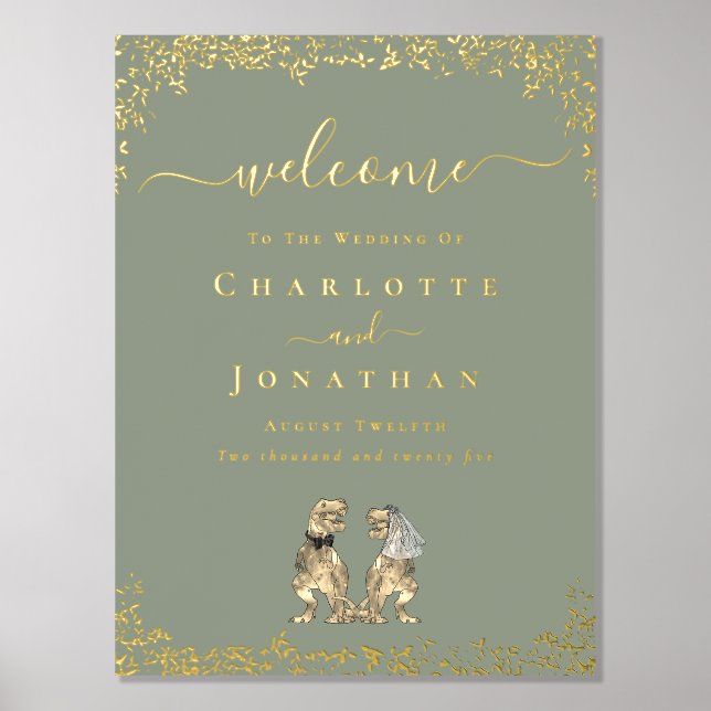 Dinosaur Wedding Welcome Sage Green Gold Foil Prints (Front)