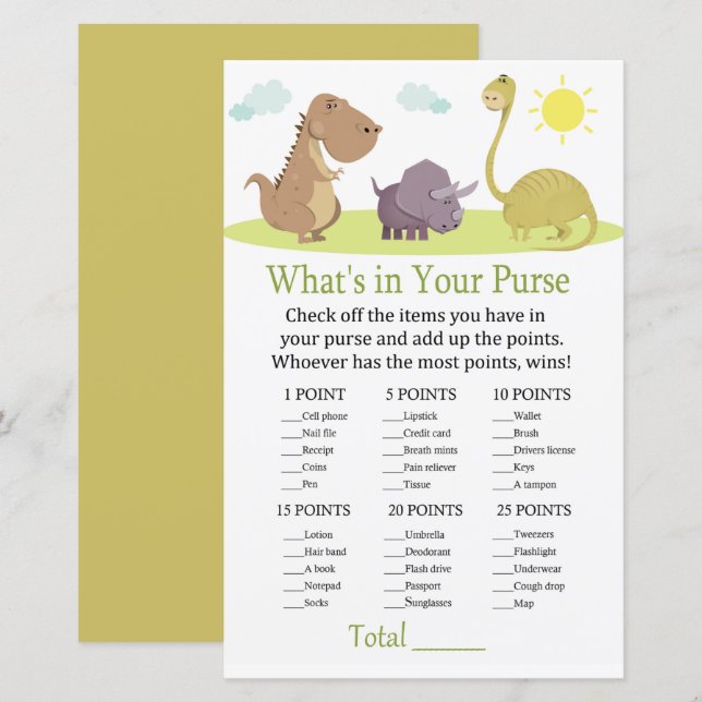 Dinosaur What's in your purse game baby shower (Front/Back)