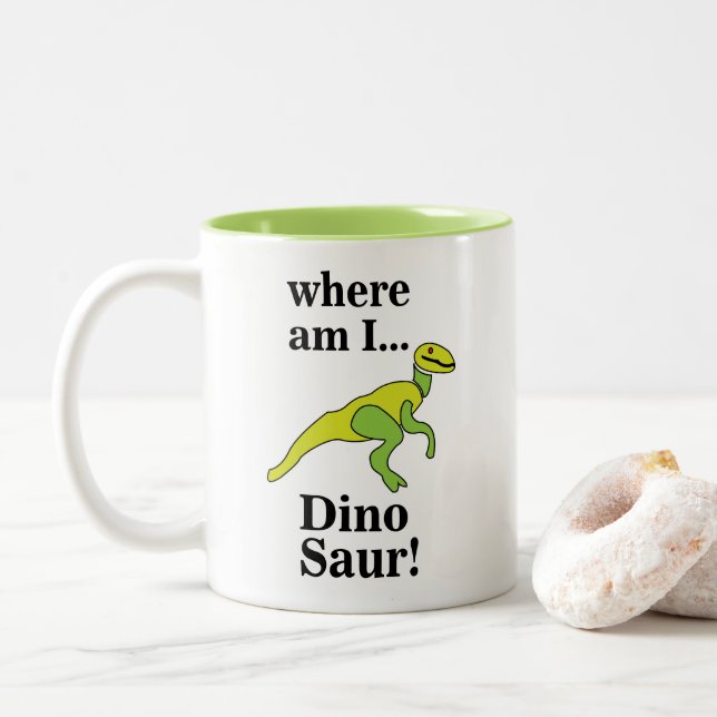 Dinosaur Where Am I Funny  Two-Tone Coffee Mug (With Donut)