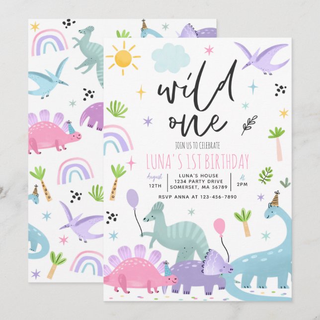 Dinosaur Wild One 1st Birthday Party Invitation (Front/Back)