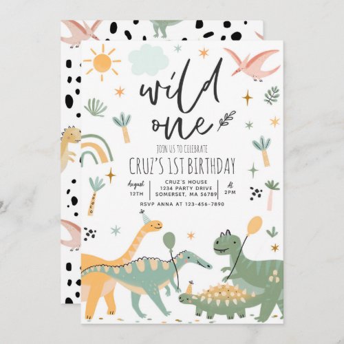 Dinosaur Wild One 1st Birthday Party Invitation