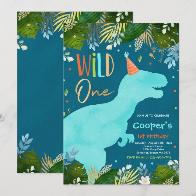 Dinosaur Wild One Birthday Boy Dinosaur Birthday Invitation (Front/Back)