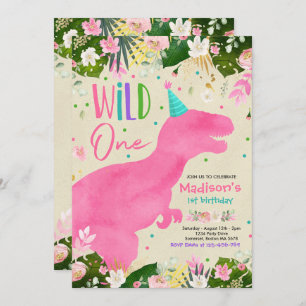Dinosaur Wild One Birthday Pink Dinosaur Birthday Invitation