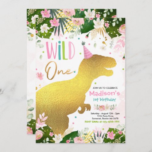 Dinosaur Wild One Birthday Pink Dinosaur Birthday Invitation