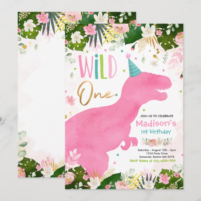Dinosaur Wild One Birthday Pink Dinosaur Birthday Invitation (Front/Back)