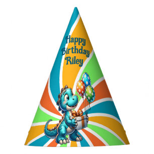 Dinosaur with Balloons Personalized Birthday Party Hat
