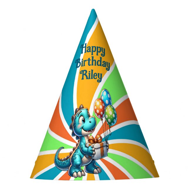 Dinosaur with Balloons Personalized Birthday Party Hat (Front)