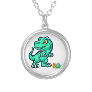 dinosaur with eggs silver plated necklace