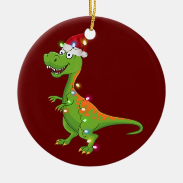 dinosaur With Hat Lights Christmas Ceramic Ornament (Front)