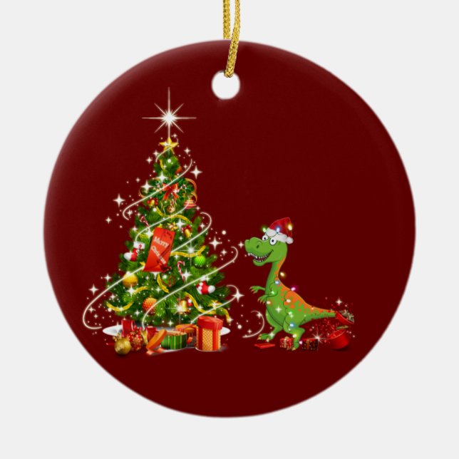 Dinosaur With Hat Scaft Christmas Ceramic Ornament (Front)