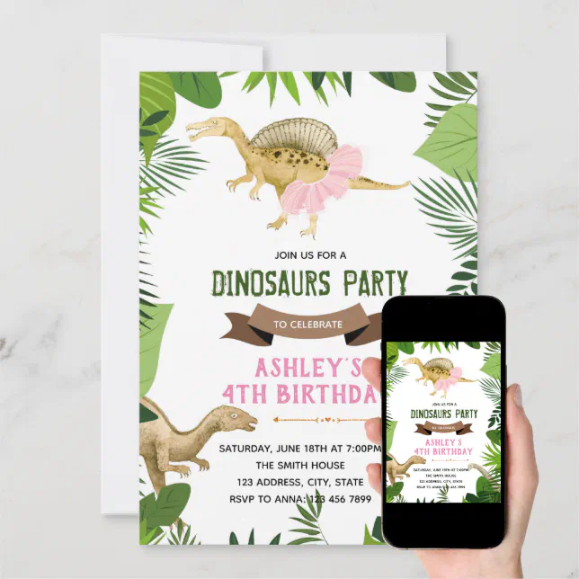 Dinosaur with tutu party invitation Zazzle