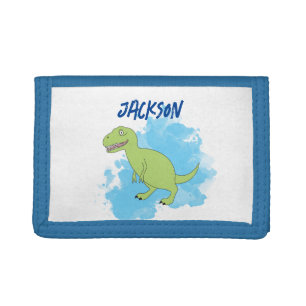 Dinosaur with Watercolor Kids Custom Name Tri-fold Wallet