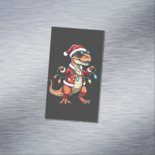 Dinosaur Wrapped with Christmas Lights Santa Hat  Business Card Magnet