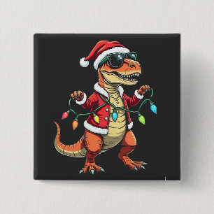 Dinosaur Wrapped with Christmas Lights Santa Hat Button