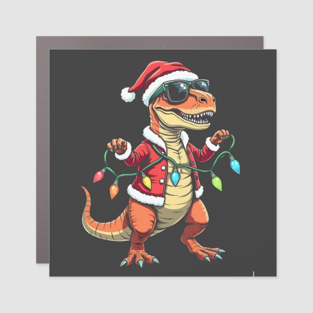 Dinosaur Wrapped with Christmas Lights Santa Hat  Car Magnet (Front)