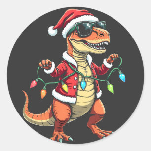 Dinosaur Wrapped with Christmas Lights Santa Hat Classic Round Sticker