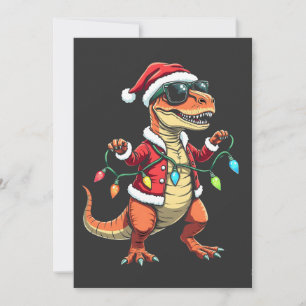 Dinosaur Wrapped with Christmas Lights Santa Hat Invitation