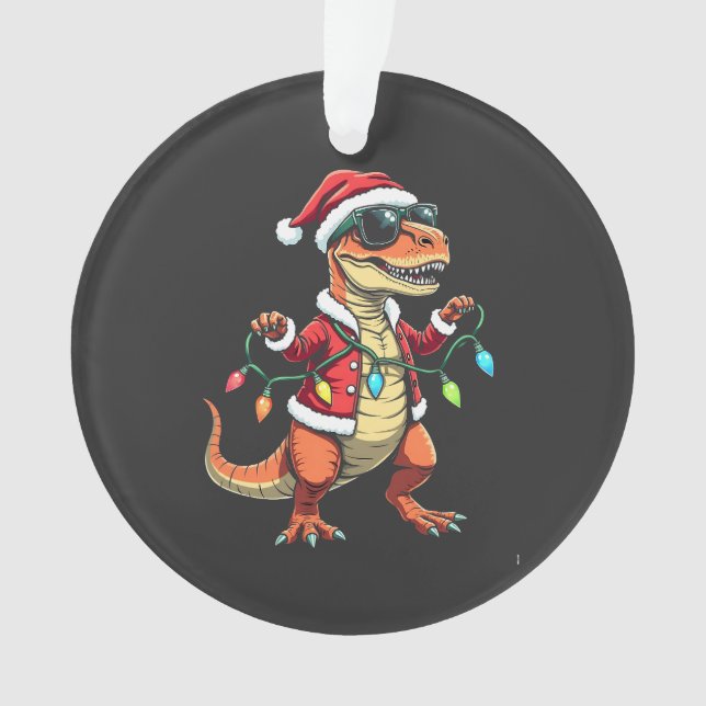 Dinosaur Wrapped with Christmas Lights Santa Hat  Ornament (Front)