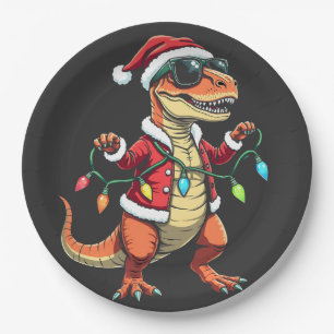 Dinosaur Wrapped with Christmas Lights Santa Hat Paper Plates