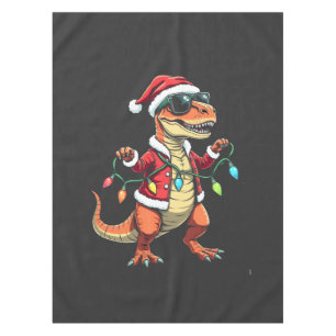 Dinosaur Wrapped with Christmas Lights Santa Hat  Tablecloth