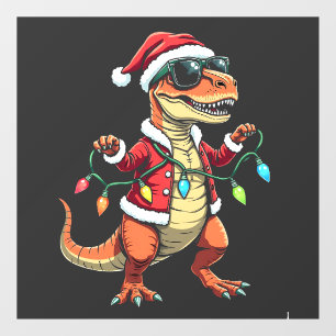 Dinosaur Wrapped with Christmas Lights Santa Hat  Window Cling