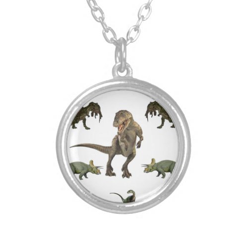 Dinosaur Wrapping Paper Silver Plated Necklace