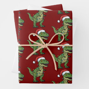 Dinosaur Xmas Lights Holiday Spirit Festive Dino Wrapping Paper Sheets