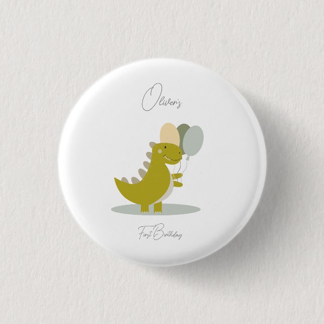 Dinosaur Yellow Green Grey First Birthday Button (Front)