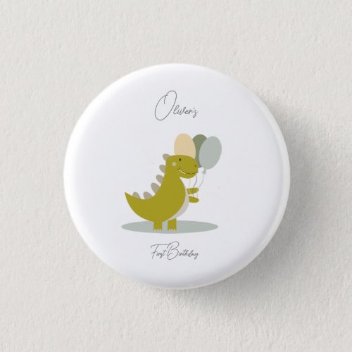 Dinosaur Yellow Green Grey First Birthday Button