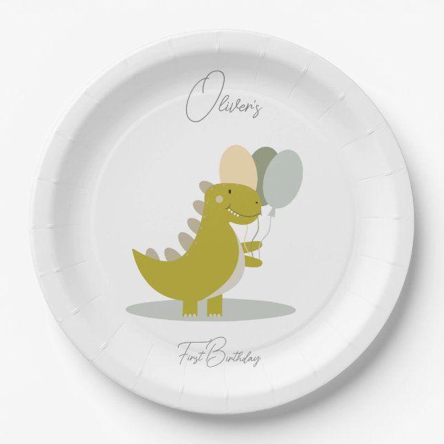 Dinosaur Yellow Green Grey First Birthday Paper Plates (Front)