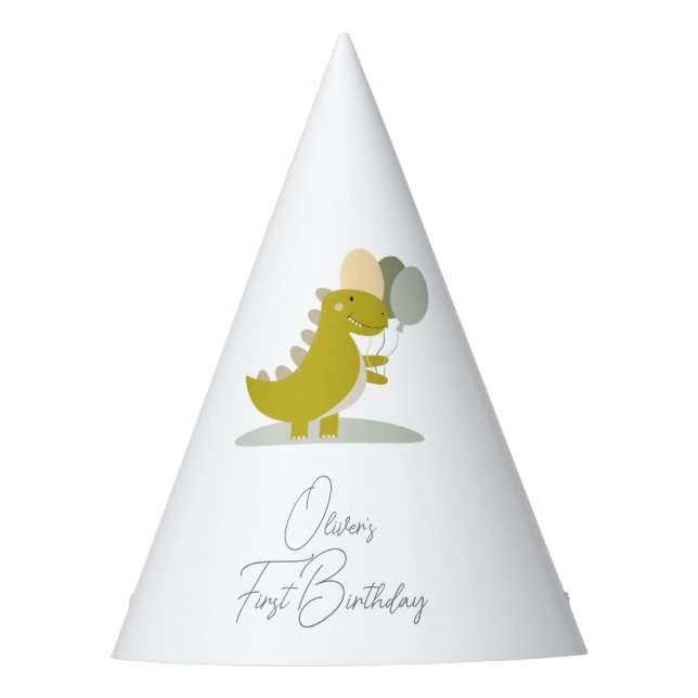 Dinosaur Yellow Green Grey First Birthday  Party Hat (Front)